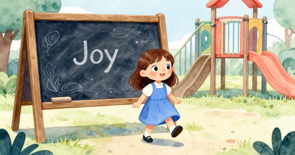 Joy 穿著藍色連衣裙，邁步走向戶外木質黑板，表情充滿期待與喜悅，在陽光下進入創意之門，背景有柔和自然光線。