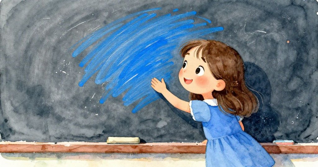 Joy 仔細觀察黑板，發現上面鮮藍線條與下方潮濕模糊區形成鮮明對比，她專注而好奇地觸碰作品細節。