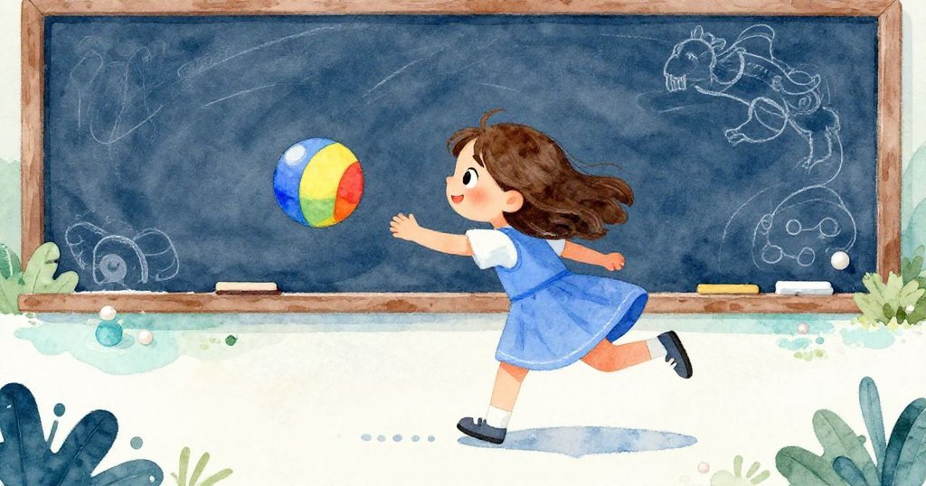 Joy 從背後視角奔跑追逐一個明亮的遊戲球，臉上流露出決心與緊張，背景展示黑板上鮮明的線條細節。