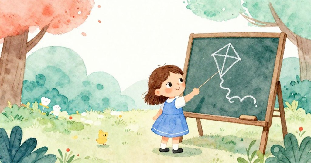 Joy 回憶起用粉筆畫出風箏尾巴的美好瞬間，手勢流暢，背景泛著溫暖夢幻光影，表情溫柔又懷舊。