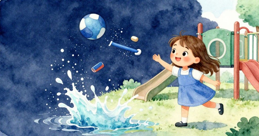 Joy 在追球時無意中引發連鎖反應，藍棍、白碎片和橡皮擦碰撞濺起水花與粉筆塵，場面充滿生動活力與驚訝。