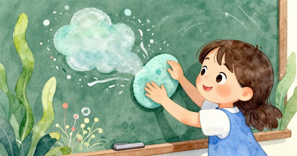 Joy 穩定地站在旋轉的橡皮擦上，用濕絨布輕輕按壓粉筆濺出的水花，臉上流露出平靜並創造出柔和詩意的畫面。