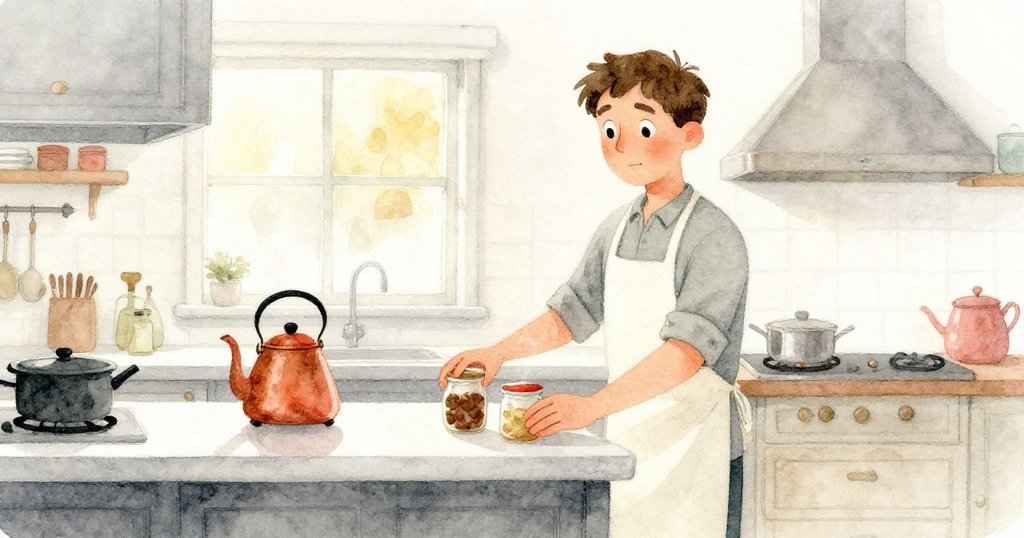 溫馨廚房內，Vernon正滑動著瓶子，背景中有冒著蒸氣的銅水壺和霧氣窗，充滿家的忙碌感。