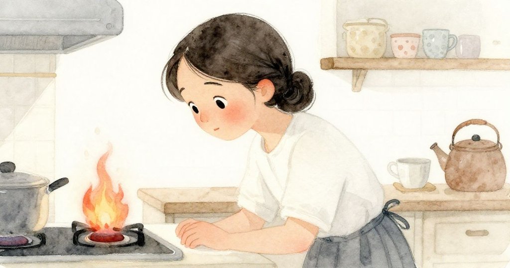 在柔和燈光下，Colette正專注凝視爐火，她的眼神流露出溫柔關切與認真調控的神情。