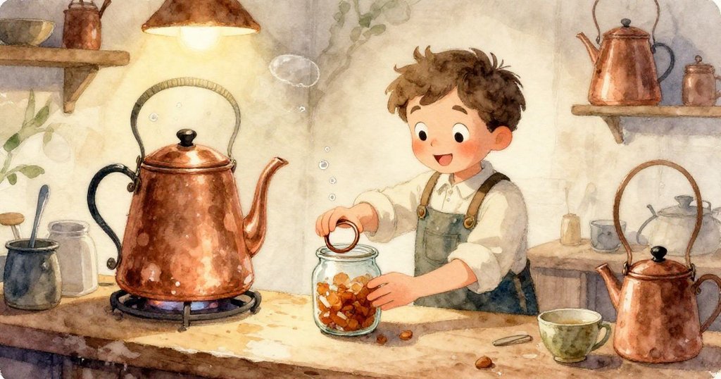 從一隻小橘色貓的視角看見，牠好奇地注視櫃檯上跌落的溫度計與撒出的醋液，展現出驚奇神情。