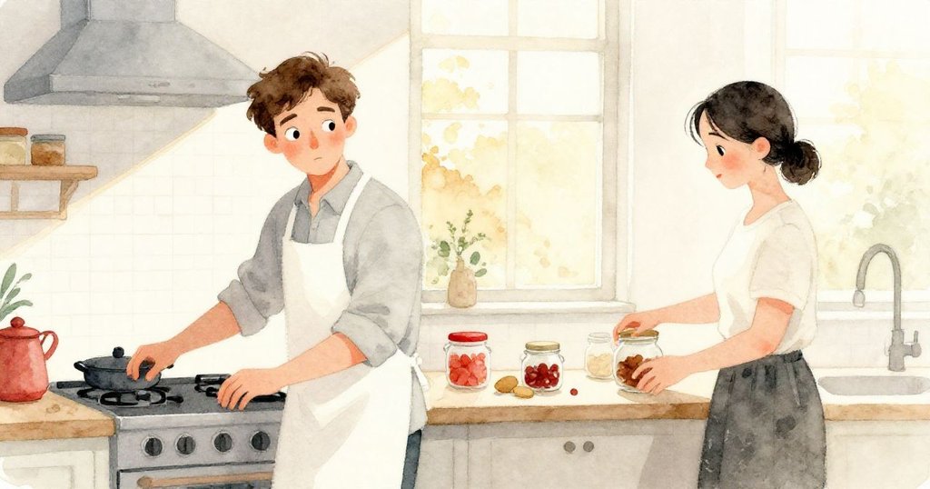 廚房光線從明亮早晨轉變為溫暖午後，Colette調節爐火，Vernon整理瓶子，顯現出溫馨而平靜的轉換時刻。