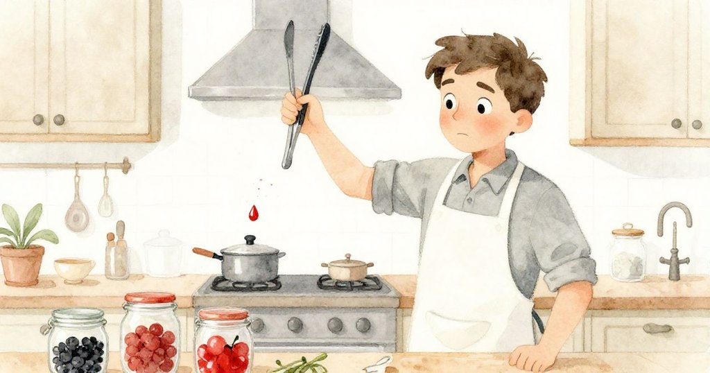 Vernon迅速使用夾子搬運瓶子，在瓷盤上看到紅寶石般的液滴和意外的醋濺動，場面緊張而生動。