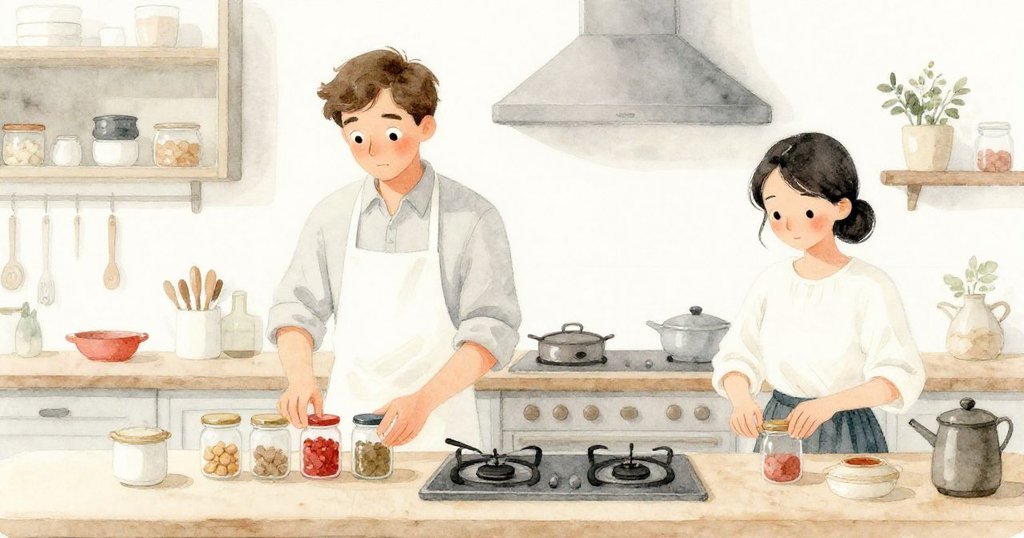 廚房恢復寧靜，Vernon與Colette合作整理瓶子，溫暖柔和燈光下展現事故後的平和連結。