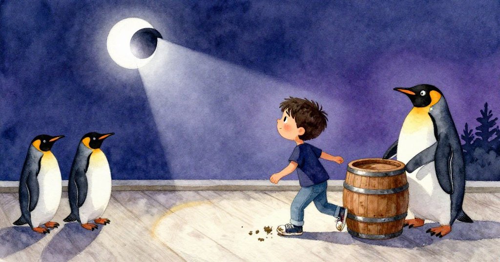 萊爾走向企鵝餵食區, 髒泥覆蓋鞋子;管理員推動木桶, 戶外場景充滿戲劇陰影與期待