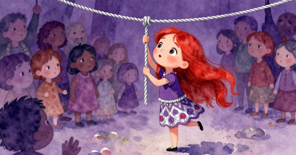 凱拉踮起腳尖等待, 臉上流露出期待與好奇;背景成人模糊呈現餘韻, 燦爛光影中展現故事發展