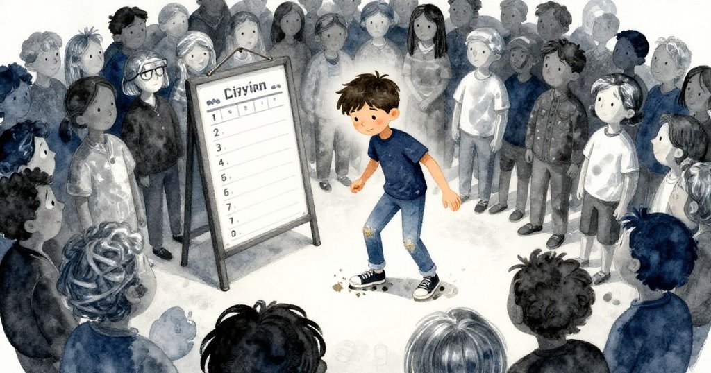 萊爾踩在足跡標記上平衡, 注視著數字錯亂的時刻表;畸變視角中排隊人群變形, 氣氛奇異而引人入勝