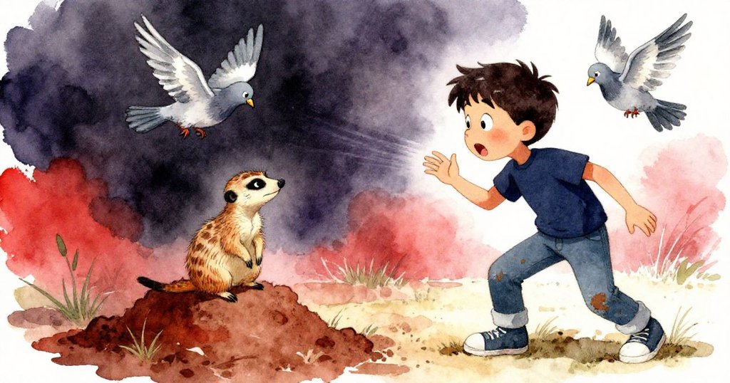 萊爾因風吹輕撞石子而失去平衡, 意外見證影子掠過狐獴土堆, 鴿子驚飛, 緊張氛圍突顯情節轉折