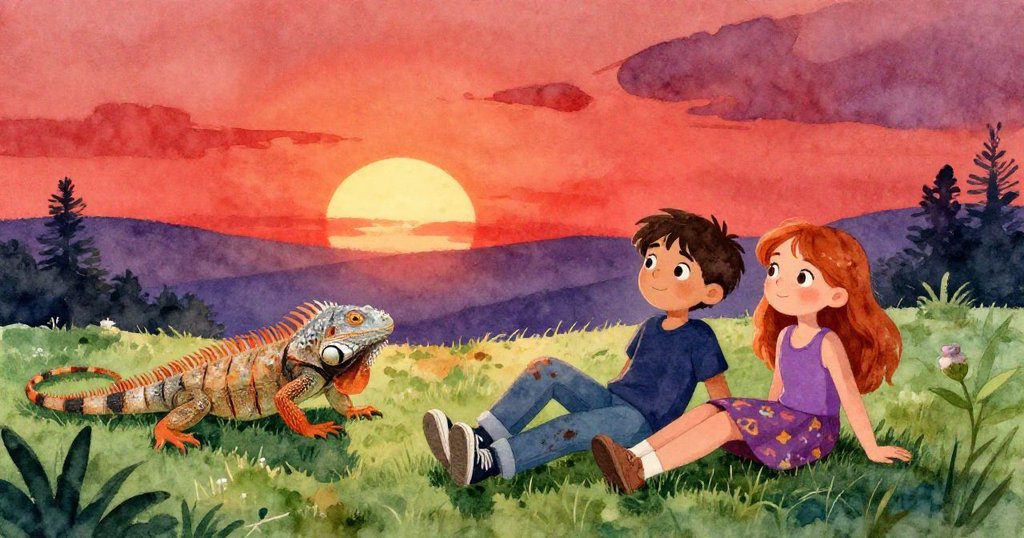 日落時分, 萊爾與凱拉在管理員和鬣蜥陪伴下共享寧靜時刻;餵食區染上金色溫暖光輝, 情節於黃昏中圓滿落幕