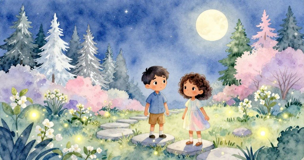 露克與克萊在夜間花園裡踩著石板，周圍眾多螢火蟲穿梭，臉上流露好奇與期待，景致充滿魔幻與生氣。