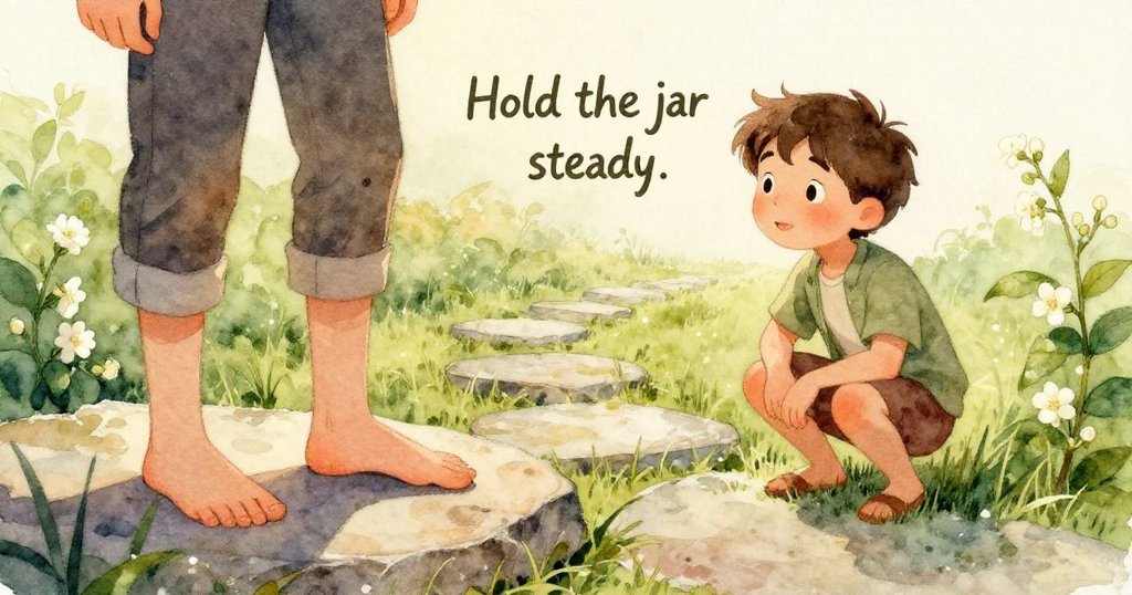 小蝸牛立於露水草地上，注視著從玻璃瓶邊滑落的水珠，場景細膩展現大自然的微妙流動與生命氣息。