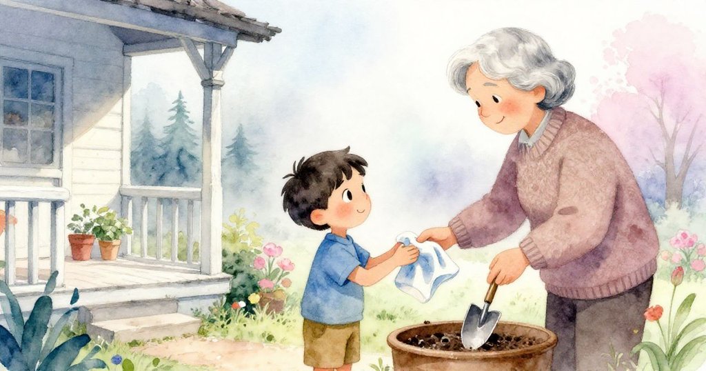 阿爾瑪在門廊邊整理工具，溫柔遞上暖布給露克，周圍霧氣瀰漫，展現季節變幻與溫情互動。