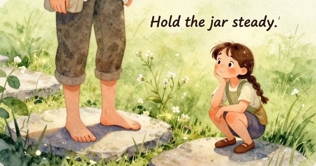 玻璃瓶內螢火蟲微光照耀水滴，外頭青蛙於常春藤陰影間躍動，展現希望與神秘交織的開放結局。