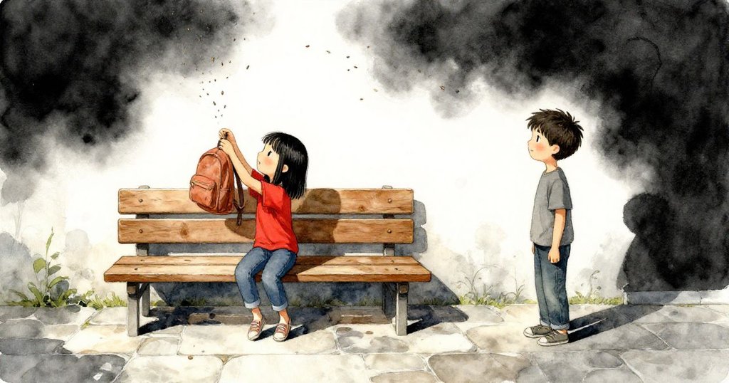 Suki在石質露台上將背包放在溫暖的木凳上，種子優雅地飛舞，Vance在旁注視，表情專注，場景充滿寧靜期待。