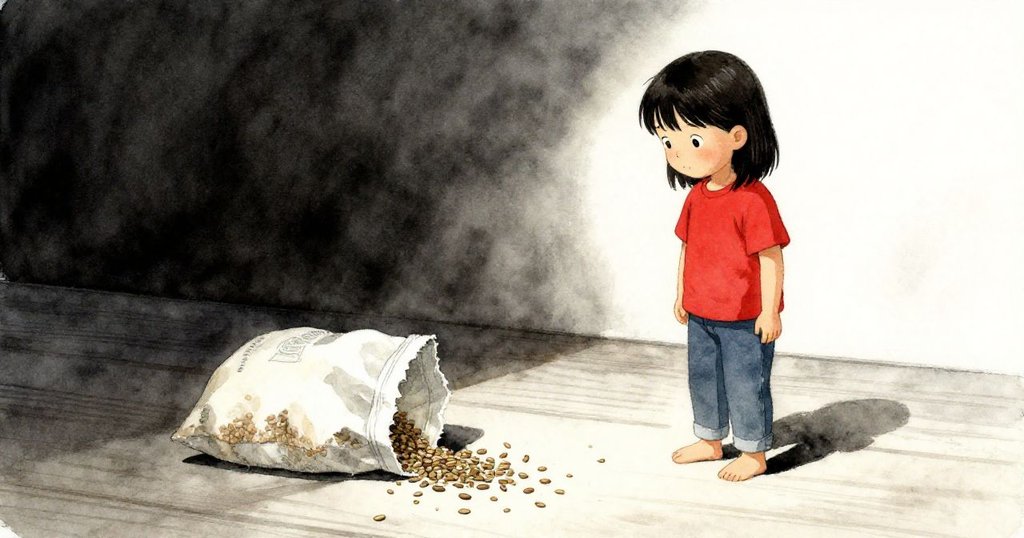 Suki驚訝地看著破裂的種子袋，種子散落在木板上，空曠背景突顯事故，場面充滿動感與空靈氛圍。
