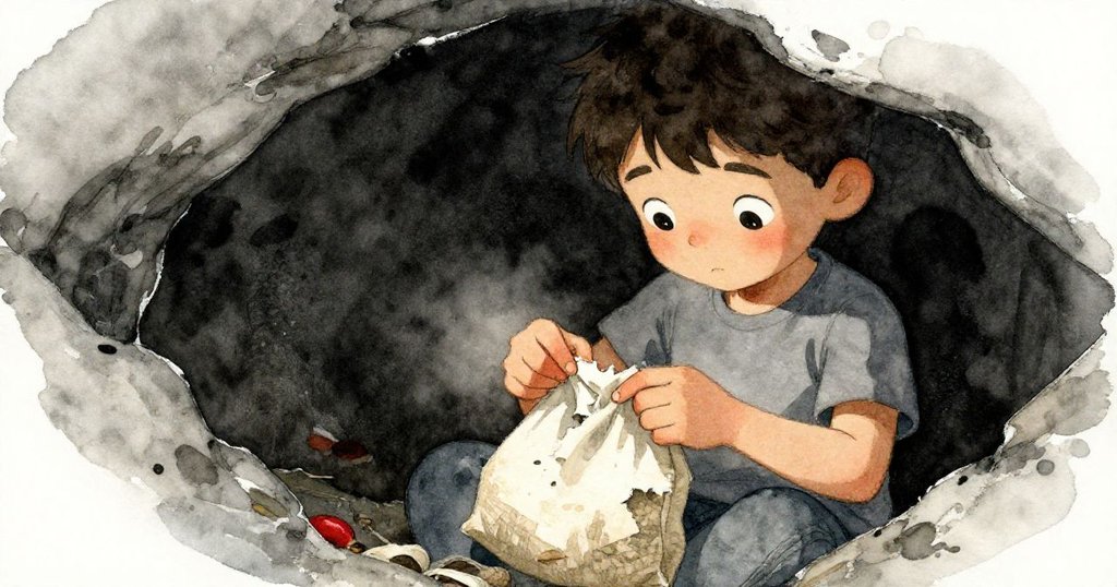 Vance蹲下小心修補破損的種子袋，專注眼神與細緻質感展現努力，周圍落滿零散種子，氣氛安靜溫柔。