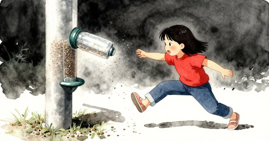 戶外平台上水瓶被滾動的種子推動，Suki迅速用鞋子攔截，場面動感十足，展現緊急與活力。