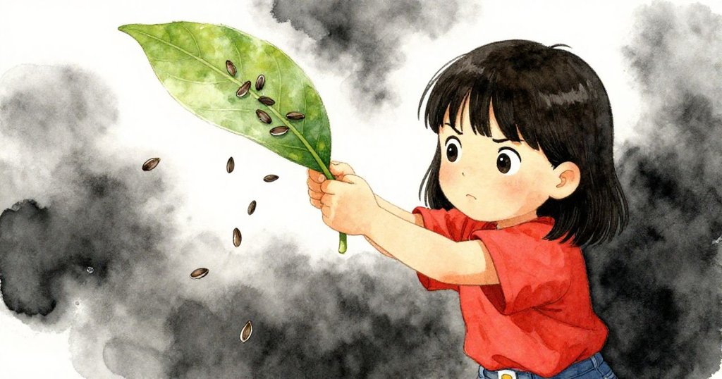 Suki迅速抓起一片大葉子堵住不斷流動的種子，臉上透出堅定與靈機一動，細節清楚展現葉脈與種子。