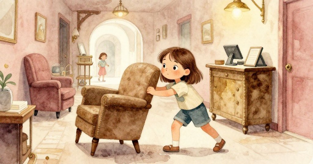 喬伊用力推動厚重扶手椅,背景有收銀台、沙發和推車,室內走道擁擠,展現堅毅與混亂交織的場景。