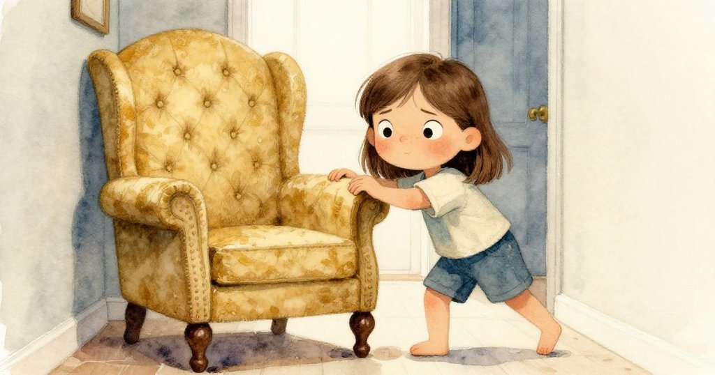 從低角度看喬伊全力推椅,手掌緊貼軟質扶手,陽光透過窗戶投下對比明暗,突顯堅持與力量。