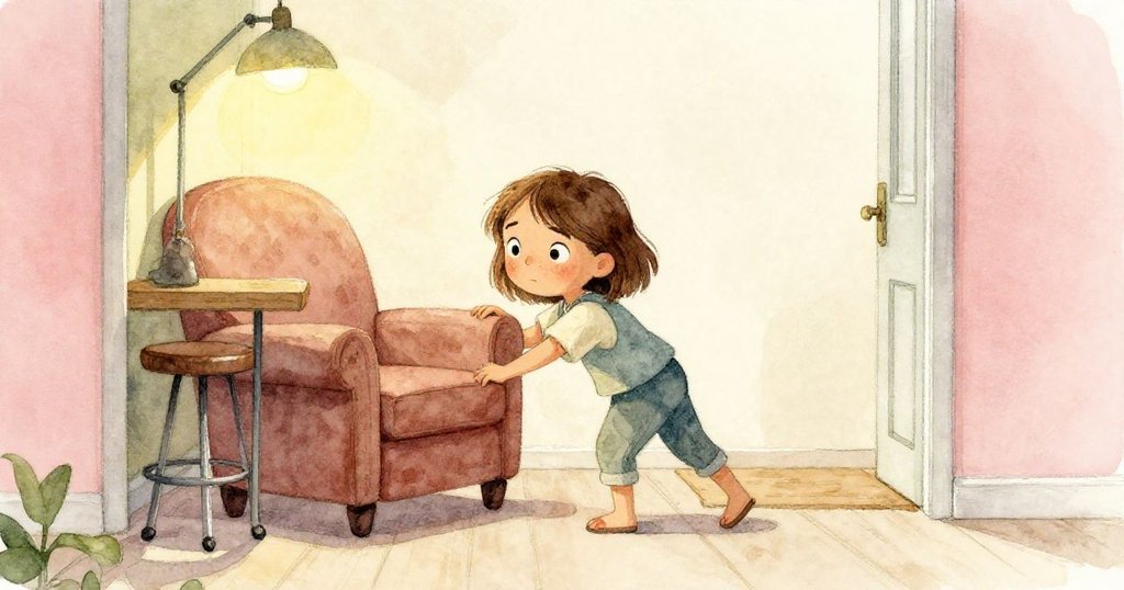 喬伊在門口空間調整策略,用扶手椅頂住移動中的推車,旁邊吧椅微傾,呈現物件輕微連鎖反應的瞬間。