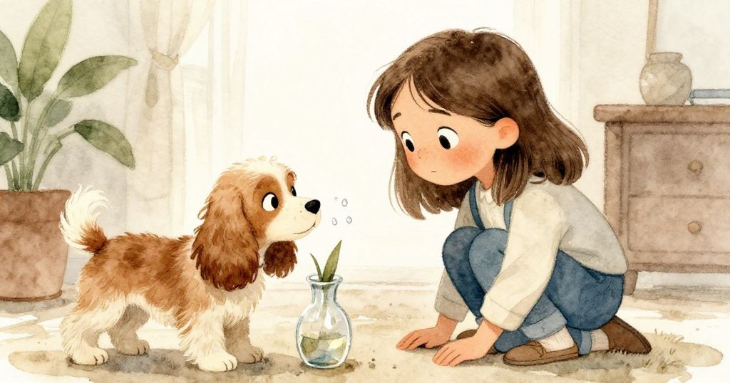 喬伊暫停推椅,溫柔地看著愛犬探索花瓶滴水,室內散布着輕微混亂卻流露溫馨互動。