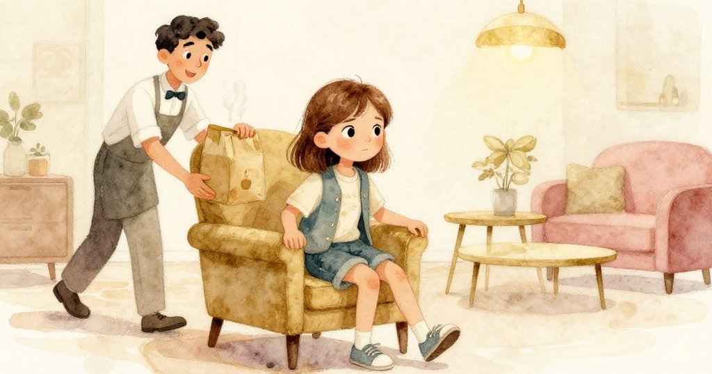 喬伊穩健將扶手椅推回牆邊,服務員傳來熱騰外帶餐點,室內燈光溫暖,混亂終歸平靜。