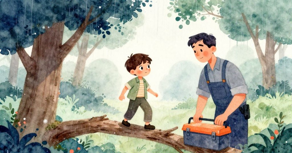 凱恩在雨後黎明中踩上濕潤的樹枝，他的父親在調整工具箱，背景呈現露珠閃爍、樹葉輕舞，表情充滿堅定與期待。