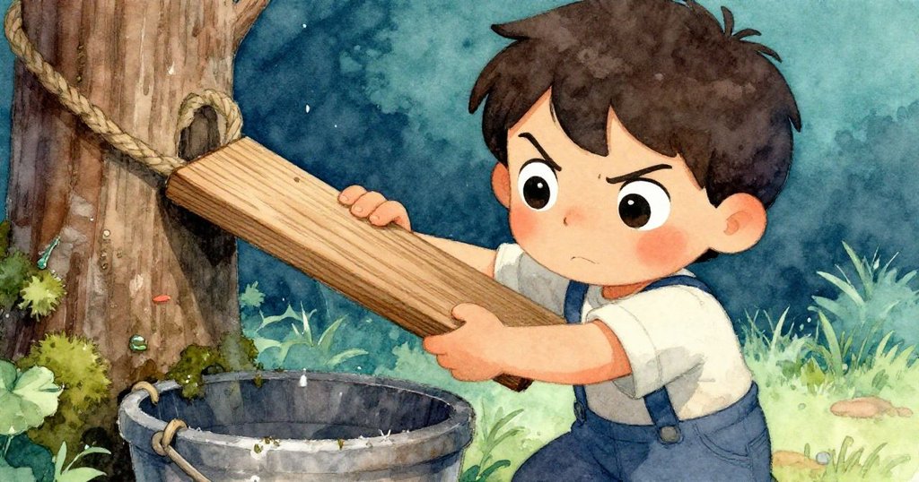 凱恩專注地從繩桶中拿起短木板，眉宇間流露出堅毅，特寫呈現濕潤樹皮與木板細緻質感，展現努力與決心。