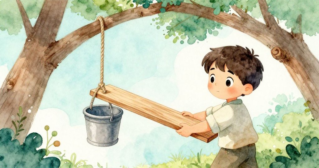 從凱恩背後看，他伸手引導長木板進入正確位置，背景中的繩桶輕搖、樹枝紋理清晰，充分展現自然與努力互動。