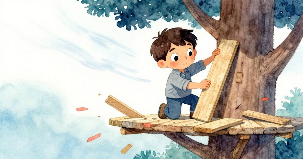 凱恩用短木板固定半成的平台，周圍散落的木板隨微風搖曳敲擊樹幹，畫面充滿晨光活力和動感細節。