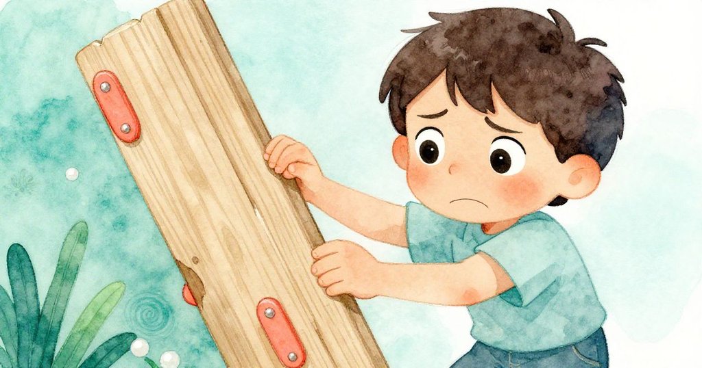 凱恩緊握搖晃的外木板，臉上展現焦慮與堅定，近距離特寫捕捉手部動作和隨風移動的小木片細節。