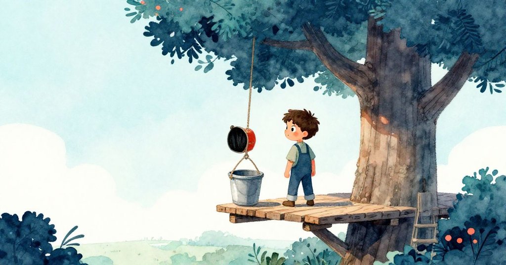 凱恩退後檢視平台工程，繩桶輕搖於樹幹旁，木板穩固歸位，整個場景展現出寧靜與滿足的結局。