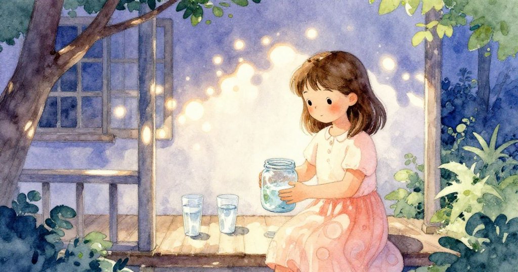 艾莉絲站在晚霞微光的門廊上,手持帶有甜飲痕跡的玻璃罐,背景有空杯痕跡,表情平靜中透露期待。