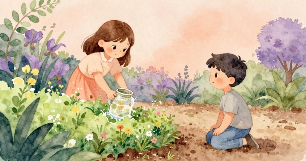 艾莉絲舉著玻璃罐指向花園中嫩綠的色彩,皮爾斯在細緻的木屑上膝跪觸土,神情專注,充滿互動感。