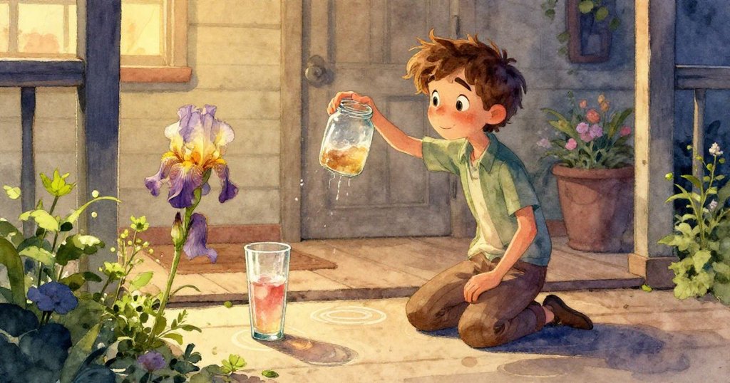 玻璃罐金屬蓋被艾莉絲輕觸,一隻螢火蟲在茉莉花叢中微光閃爍,細膩呈現溫柔奇幻的瞬間。