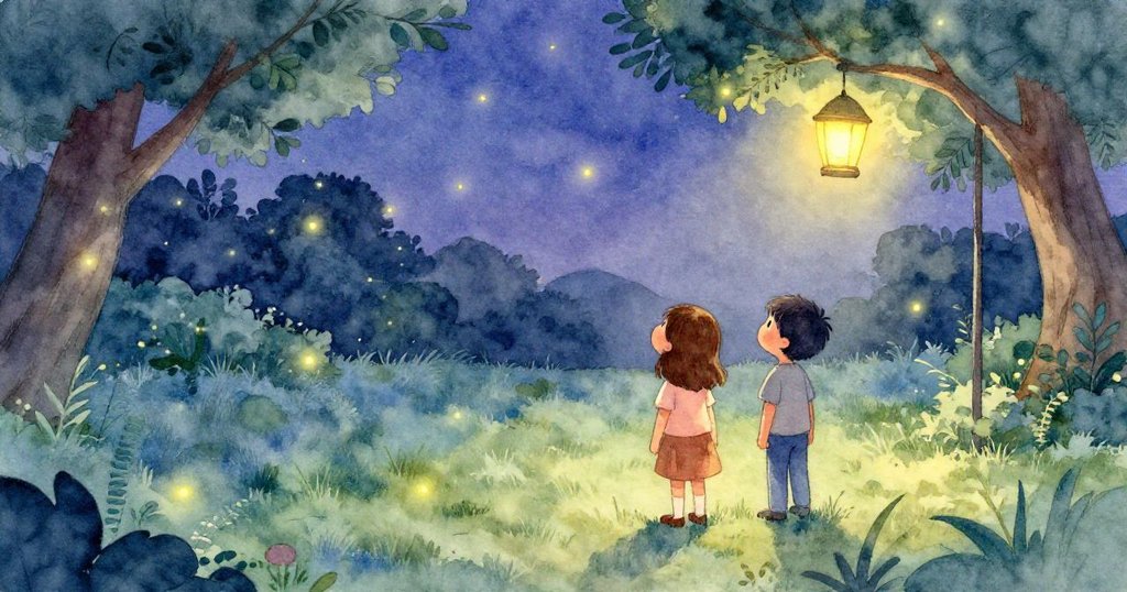 艾莉絲與皮爾斯走進開闊草坪,仰望如燈籠般的螢火蟲在燈光映照下閃爍,充滿魔法與驚奇。