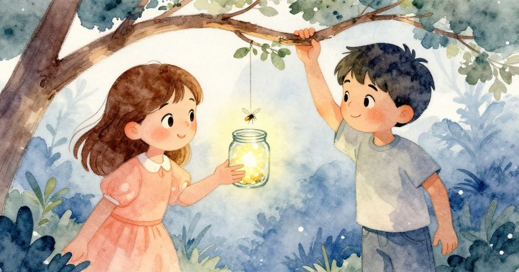 皮爾斯舉著打開的玻璃罐,艾莉絲輕調低垂樹枝引導螢火蟲入罐,雙手輪廓因柔光而清晰,驚喜與協作呈現。