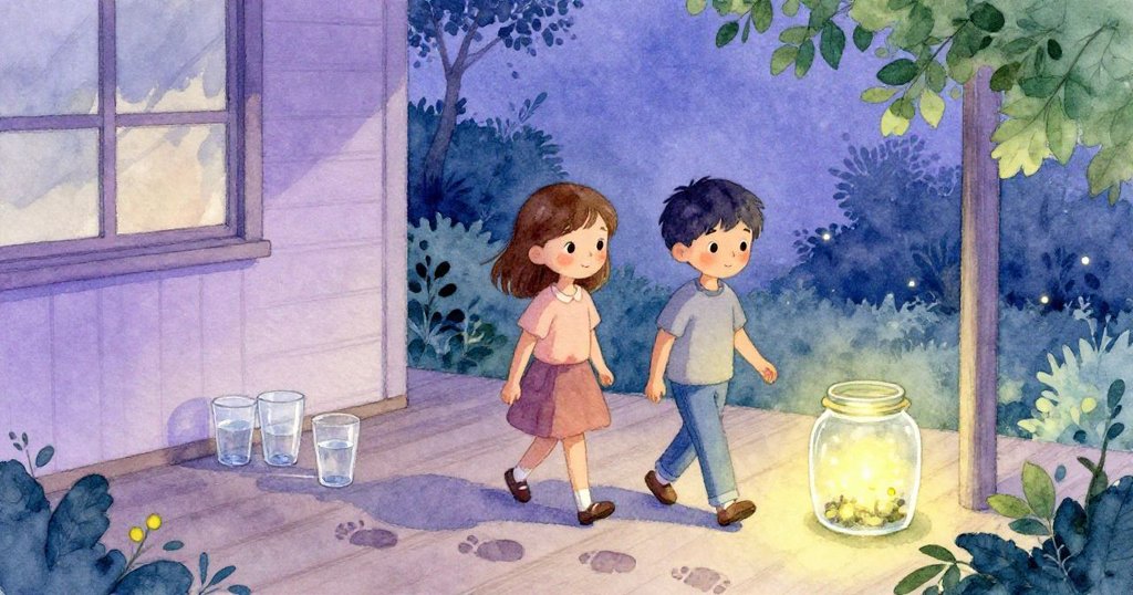 艾莉絲與皮爾斯回到門廊,沿途留有濕潤足跡,玻璃罐中三道微光緩緩飄動,表情滿足且平和,故事圓滿落幕。