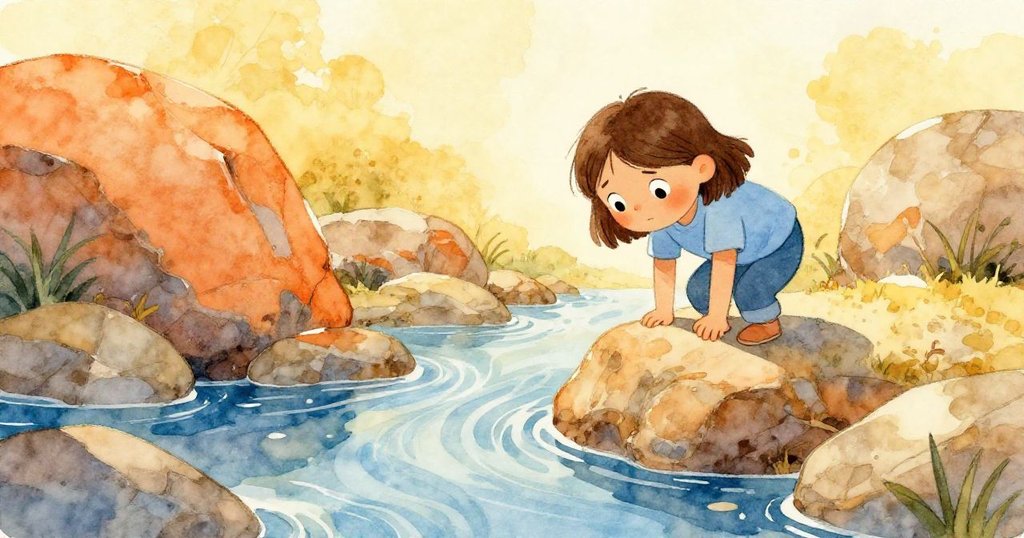 凱拉站在陽光下溪流旁，細看巨大岩石與流動水面，展現專注與期待的創作開始。