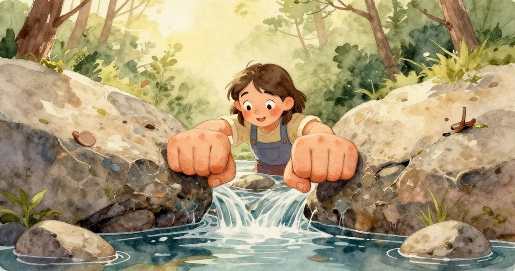 凱拉的靴子踏在濕潤石子上，水珠飛濺，細膩呈現前進與堅定的步伐。