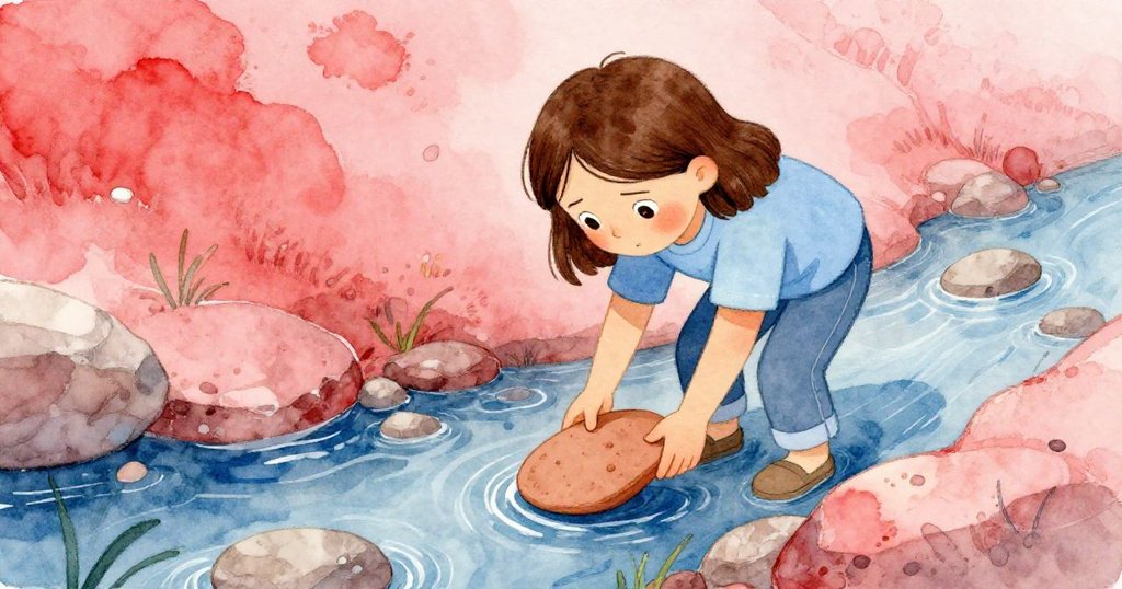 從高處俯瞰凱拉彎腰舉起薄板，流水映襯出她既專注又略帶脆弱的神情。