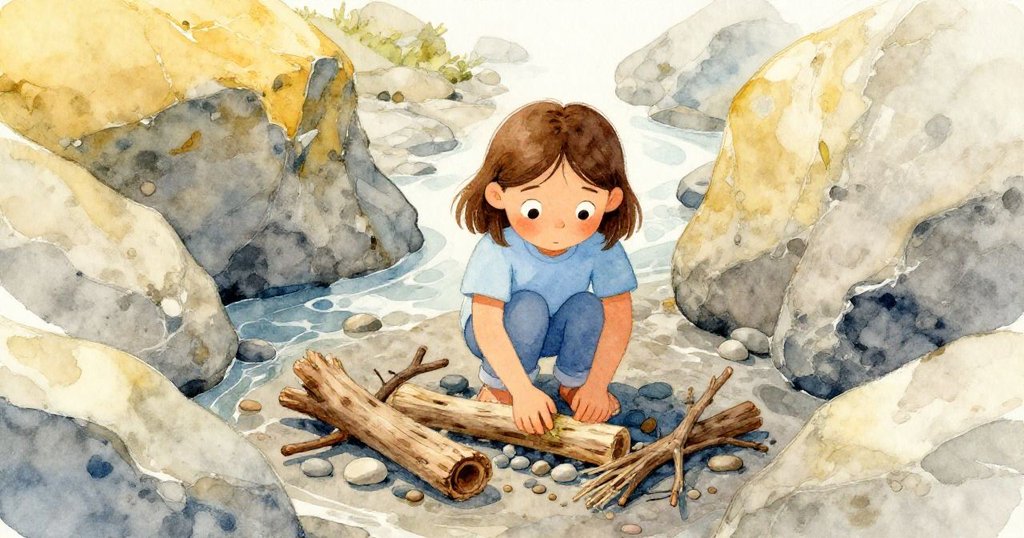 凱拉在岩石縫隙中巧妙擺放樹枝及漂流木，調整水流方向，表情專注展現細膩手法。