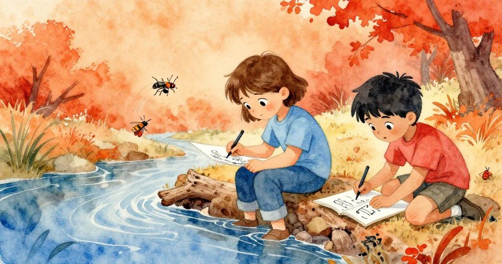 文斯在溪邊畫昆蟲後快樂拋出漂流木，凱拉驚喜接過，展現團隊合作與發現新辦法的瞬間。