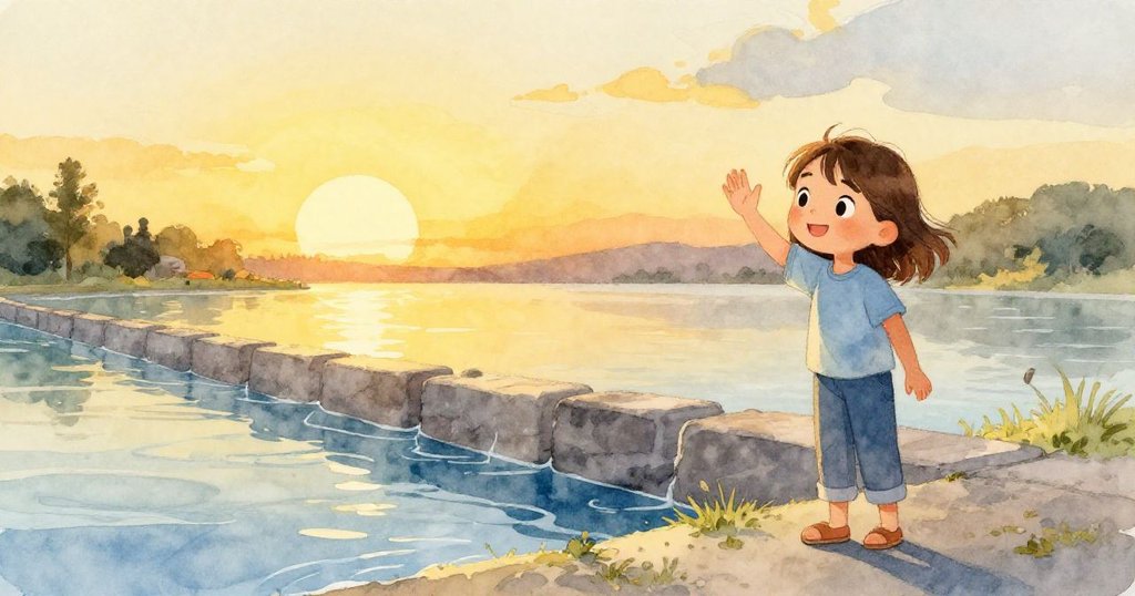 凱拉望著平靜溪水旁完工的壩體，帶著滿足微笑揮手告別，夕陽氛圍溫馨落幕全程。