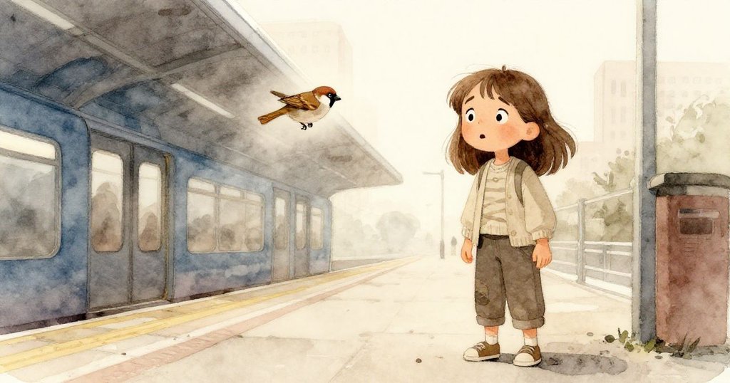 Tess在車站平台上驚訝觸碰票機,髮色棕且神情專注,麻雀掠過背景,溫暖光線營造初始故事氛圍。